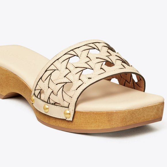 Tory Burch $298 Basket-Weave Clog Sandals New Cream Calf Leather 9 - Picture 5 of 7